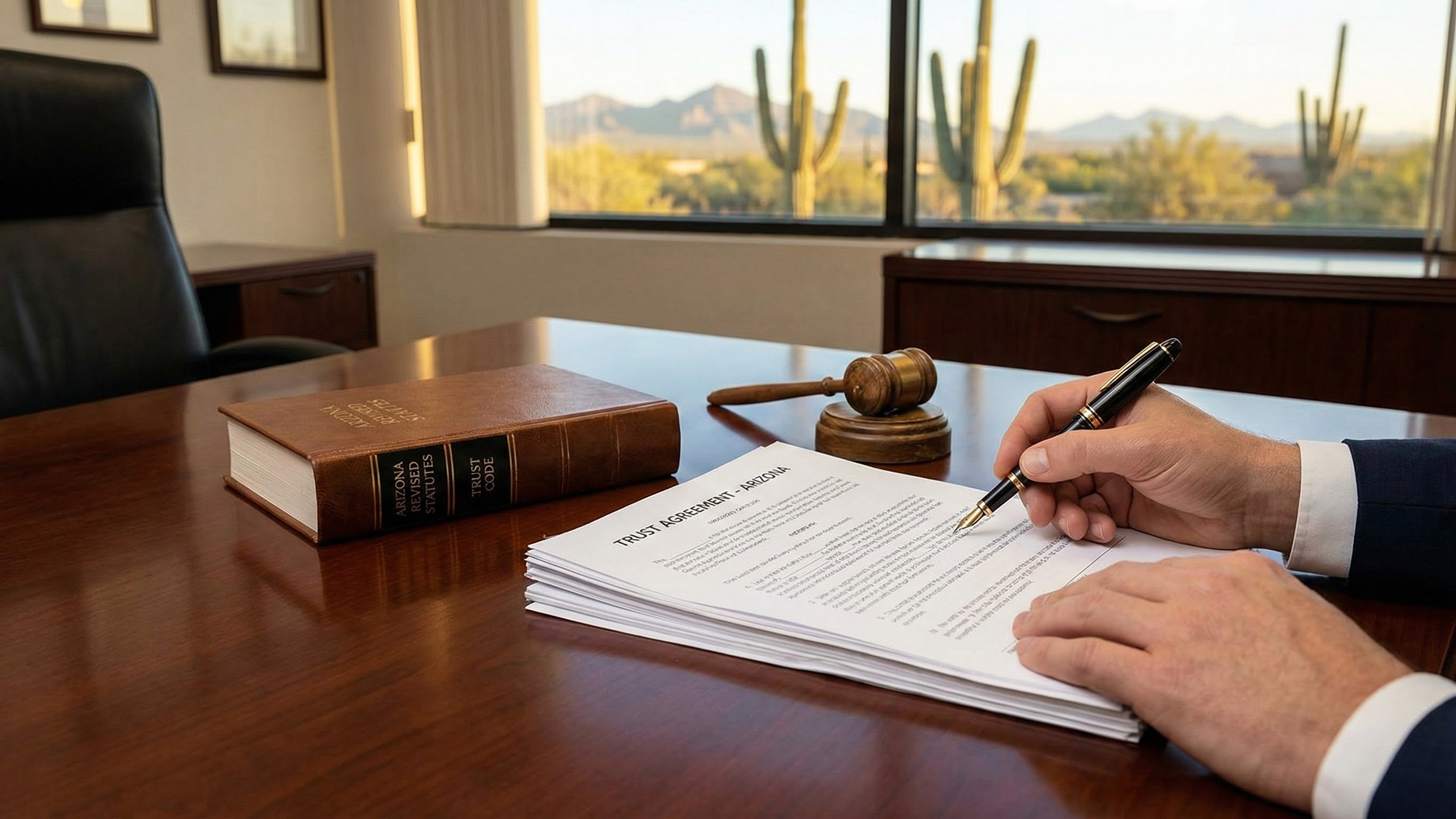 Close-up of a person signing a formal trust agreement document on a polished wooden desk, accompanied by a legal gavel, with a large office window in the background revealing a sunny Arizona desert landscape with saguaro cacti.
