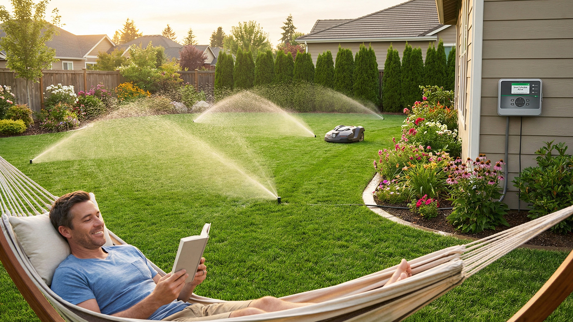 A man relaxes in a hammock reading a book in a lush suburban backyard while automatic sprinklers water the lawn and a robotic lawnmower operates in the background. A smart irrigation controller is mounted on the house wall.