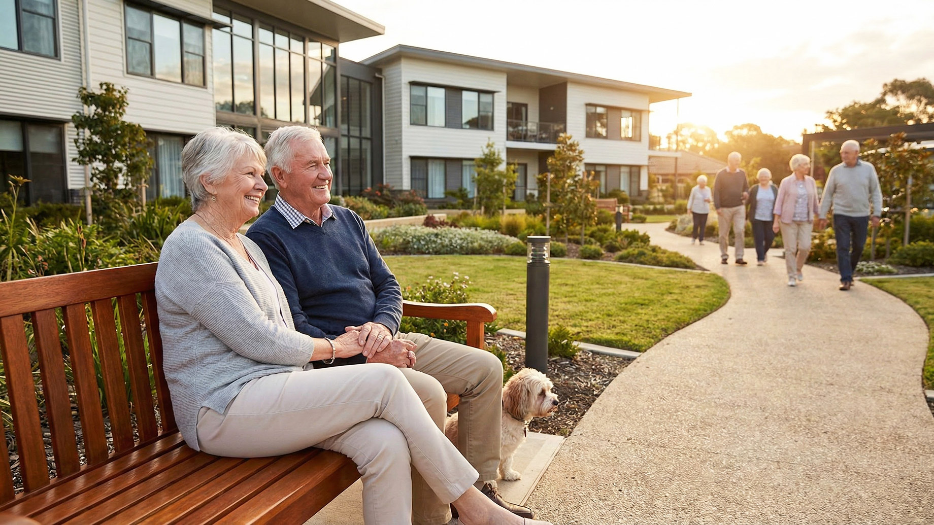 A smiling senior couple sits holding hands on a wooden bench with a small dog, overlooking a landscaped walking path where other older adults stroll on the grounds of a modern retirement community building at sunset.