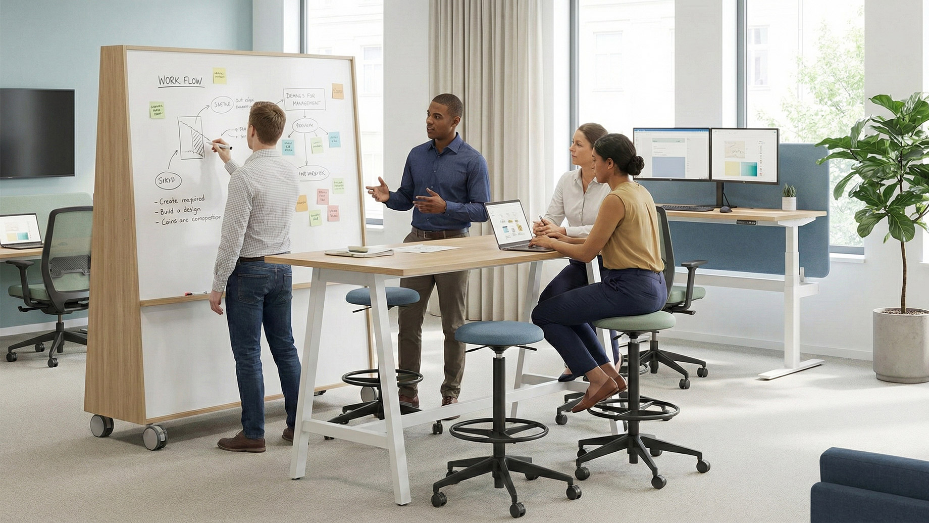 A focused workspace showcasing an ergonomic setup with an adjustable chair and desk, integrated with biophilic design elements like greenery and natural textures to support mental clarity and physical comfort.