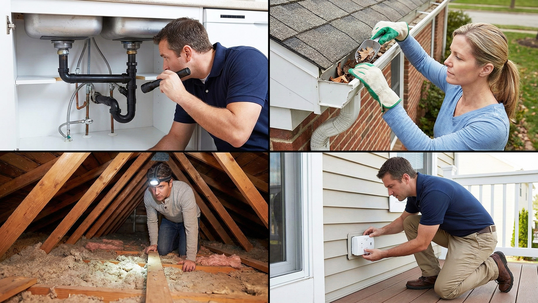 A four-panel photo collage illustrating essential home maintenance checks. The top-left panel shows a man with a flashlight inspecting plumbing pipes under a kitchen sink. The top-right panel shows a woman on a ladder cleaning leaves from roof gutters. The bottom-left panel shows a man with a headlamp crawling through an attic looking at insulation. The bottom-right panel shows a man kneeling outside checking an exterior vent cover on the house siding.