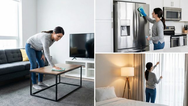 A three-panel photo collage illustrating key home preparation tasks for listing photos or virtual tours. The large left panel shows a woman wiping down a modern coffee table in a tidy living room. The top right stacked panel shows the woman cleaning the stainless steel doors of a refrigerator in a kitchen. The bottom right stacked panel shows her adjusting sheer curtains in a bedroom to optimize natural light.