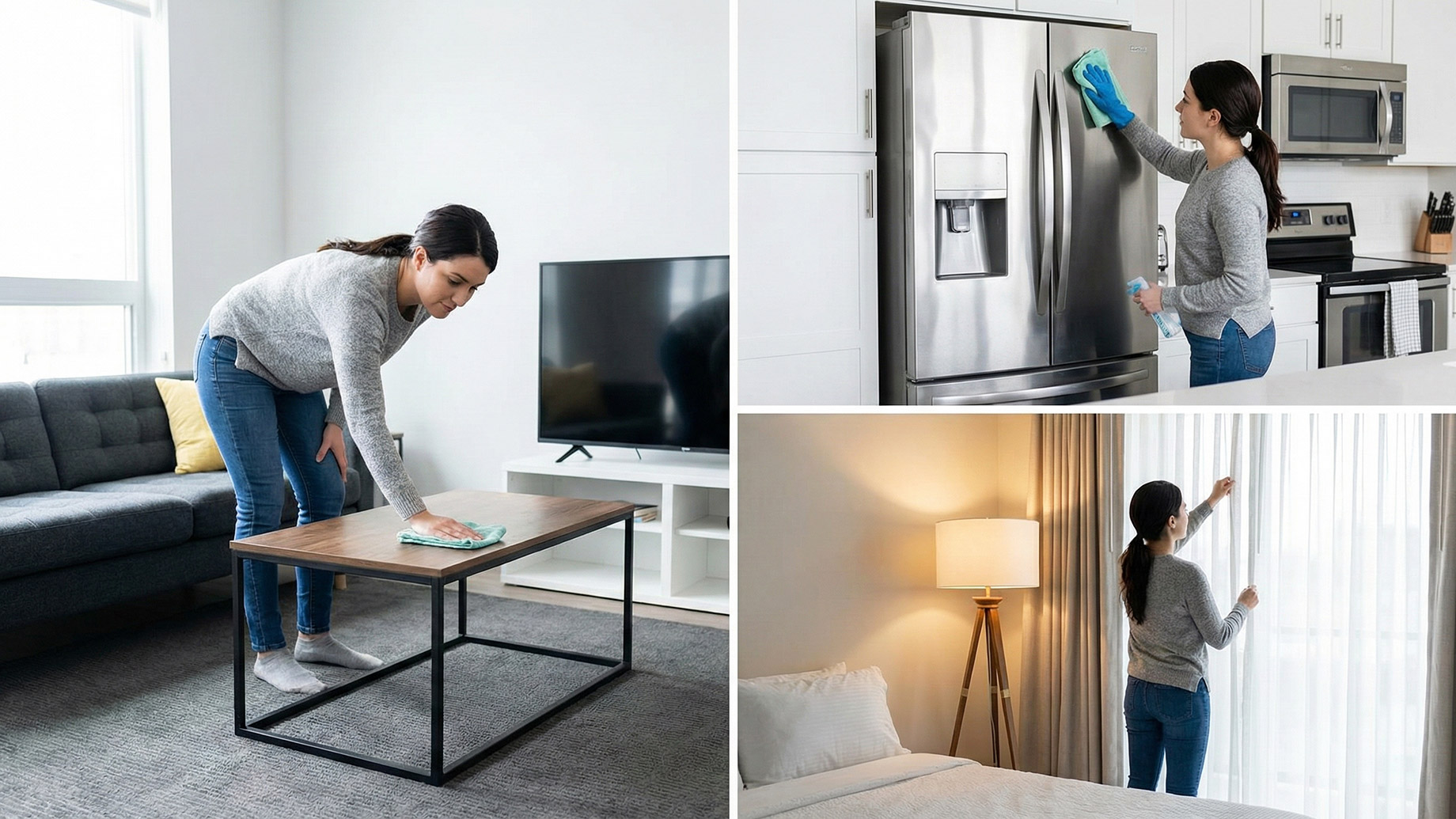A three-panel photo collage illustrating key home preparation tasks for listing photos or virtual tours. The large left panel shows a woman wiping down a modern coffee table in a tidy living room. The top right stacked panel shows the woman cleaning the stainless steel doors of a refrigerator in a kitchen. The bottom right stacked panel shows her adjusting sheer curtains in a bedroom to optimize natural light.