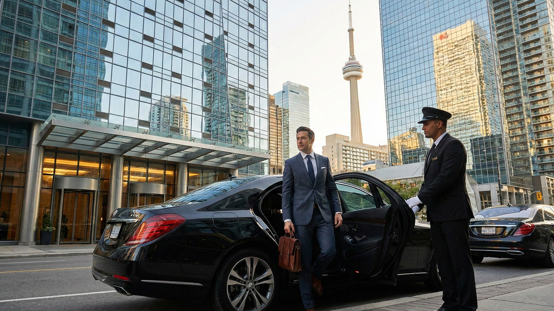 A businessman in a professional suit steps out of a black luxury sedan with the assistance of a uniformed chauffeur holding the door. The scene is set against the backdrop of the Toronto skyline, featuring the iconic CN Tower and modern glass skyscrapers of the Financial District.