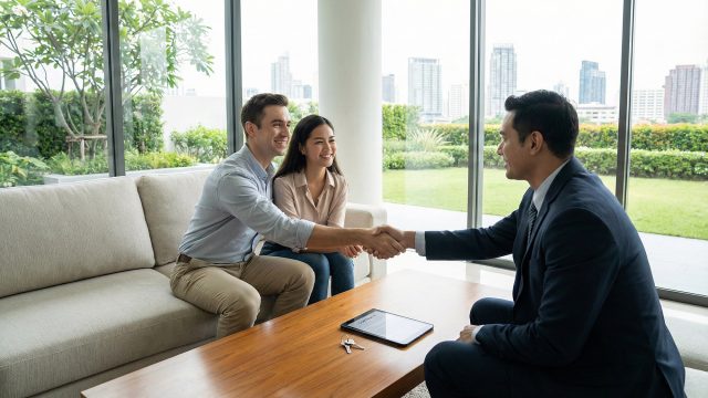 A man and a woman smile and shake hands with a professional in a suit across a wooden coffee table. On the table are a tablet displaying a contract and a set of keys, indicating the successful completion of a property agreement. The meeting takes place in a brightly lit modern room with floor-to-ceiling windows showing a city skyline and green space.