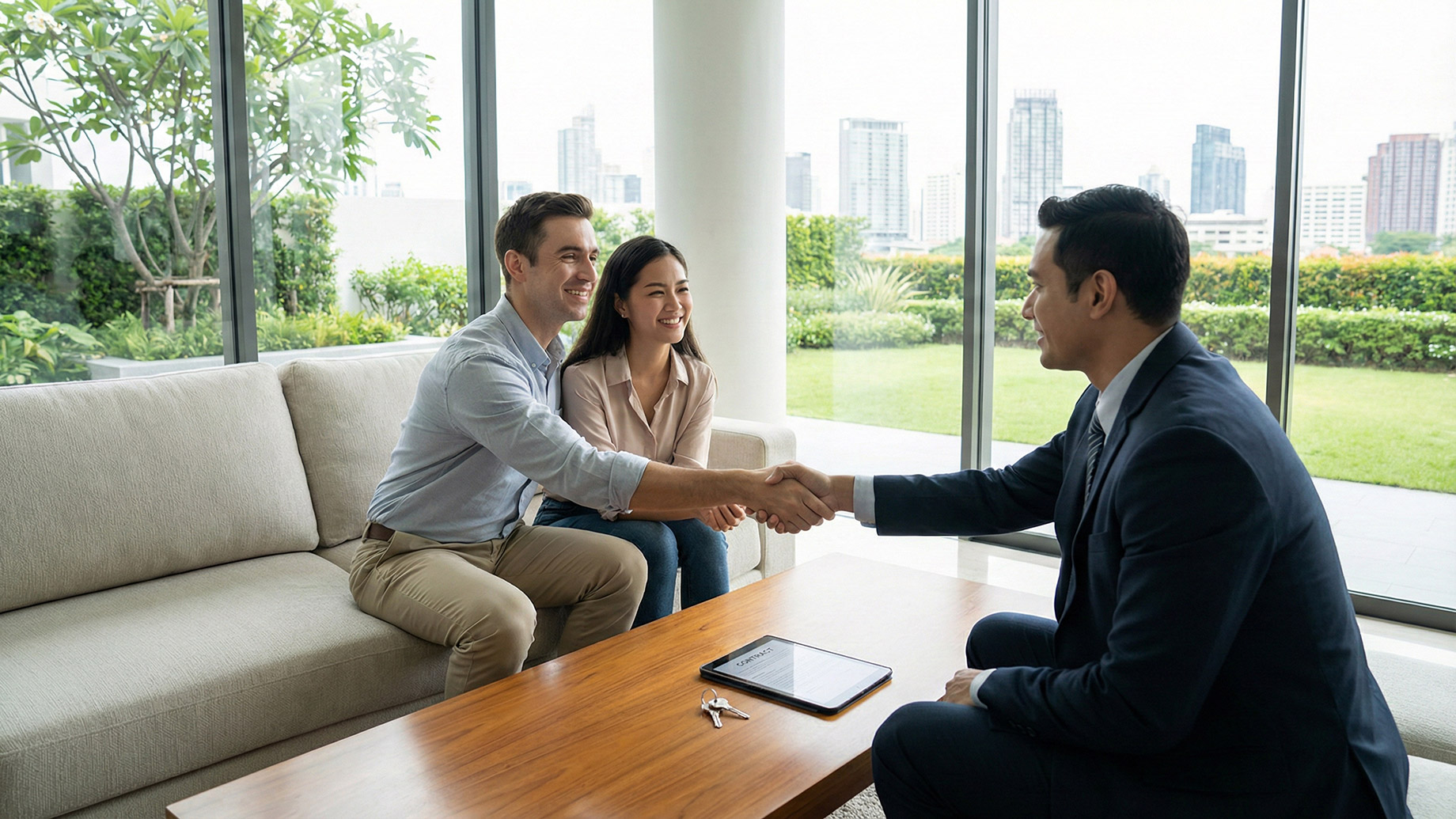 A man and a woman smile and shake hands with a professional in a suit across a wooden coffee table. On the table are a tablet displaying a contract and a set of keys, indicating the successful completion of a property agreement. The meeting takes place in a brightly lit modern room with floor-to-ceiling windows showing a city skyline and green space.