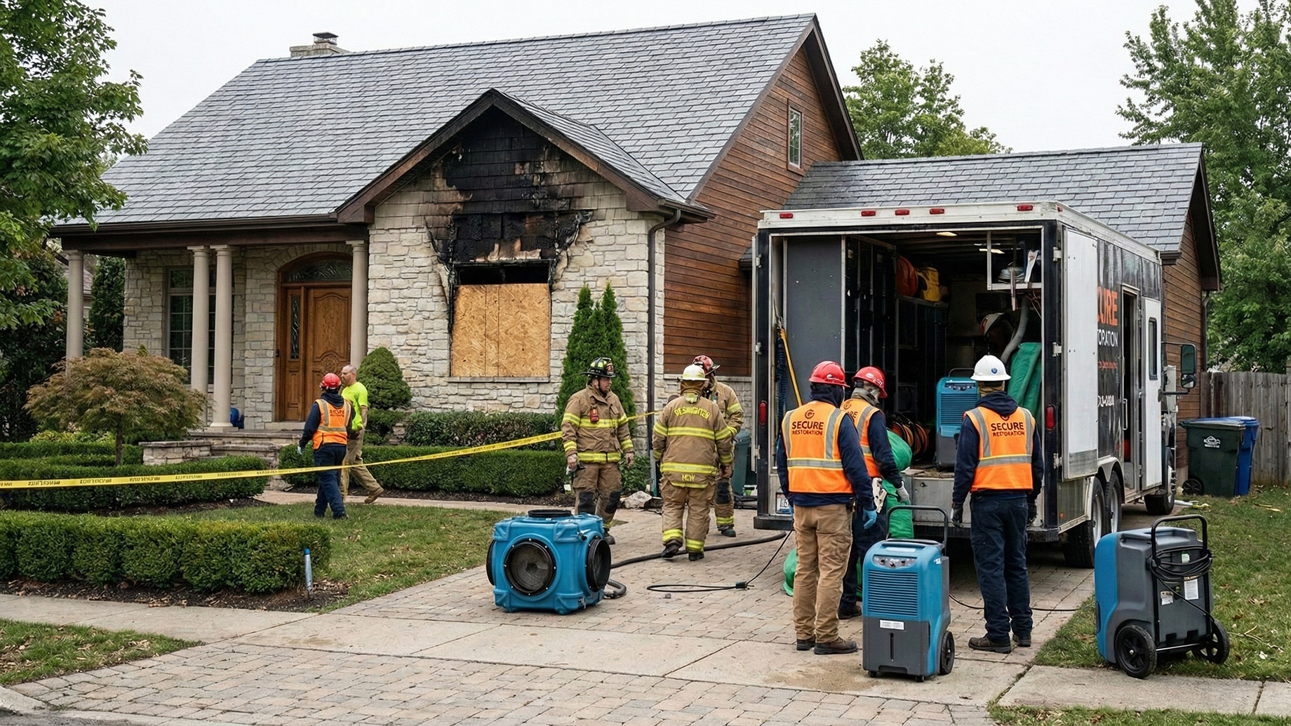 Firefighters and a restoration crew from Secure Restoration are on the scene of a house fire. The stone and wood home has visible charring around a boarded-up window. A large restoration truck, dehumidifiers, and other equipment are in the driveway, with yellow caution tape sectioning off part of the yard.