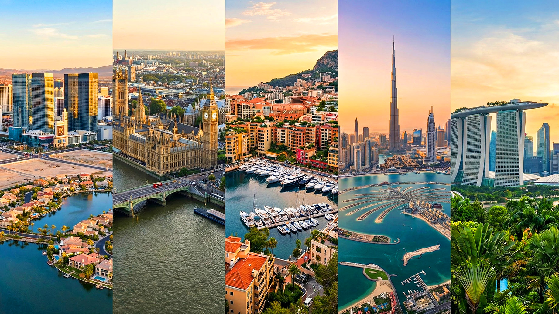 A wide panoramic photograph showing five distinct city skylines connected seamlessly in a golden sunset light. From left to right: Las Vegas with its modern towers and Lake Las Vegas; the historic Palace of Westminster in London along the River Thames; the dense, cliffside principality of Monaco with its harbor full of yachts; the futuristic, towering Burj Khalifa and Palm Jumeirah in Dubai; and the green, architectural marvels of Singapore including Marina Bay Sands. The image represents the five global capitals attracting luxury real estate investment.