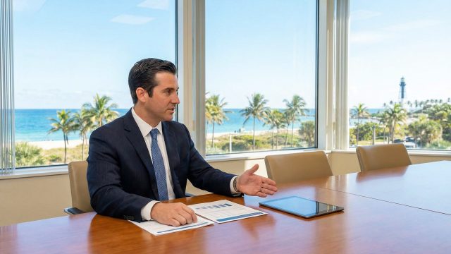 A professional Florida bankruptcy attorney sitting at a conference table with financial documents and a tablet, with a sunny view of palm trees and the Florida coast visible through the large office window.