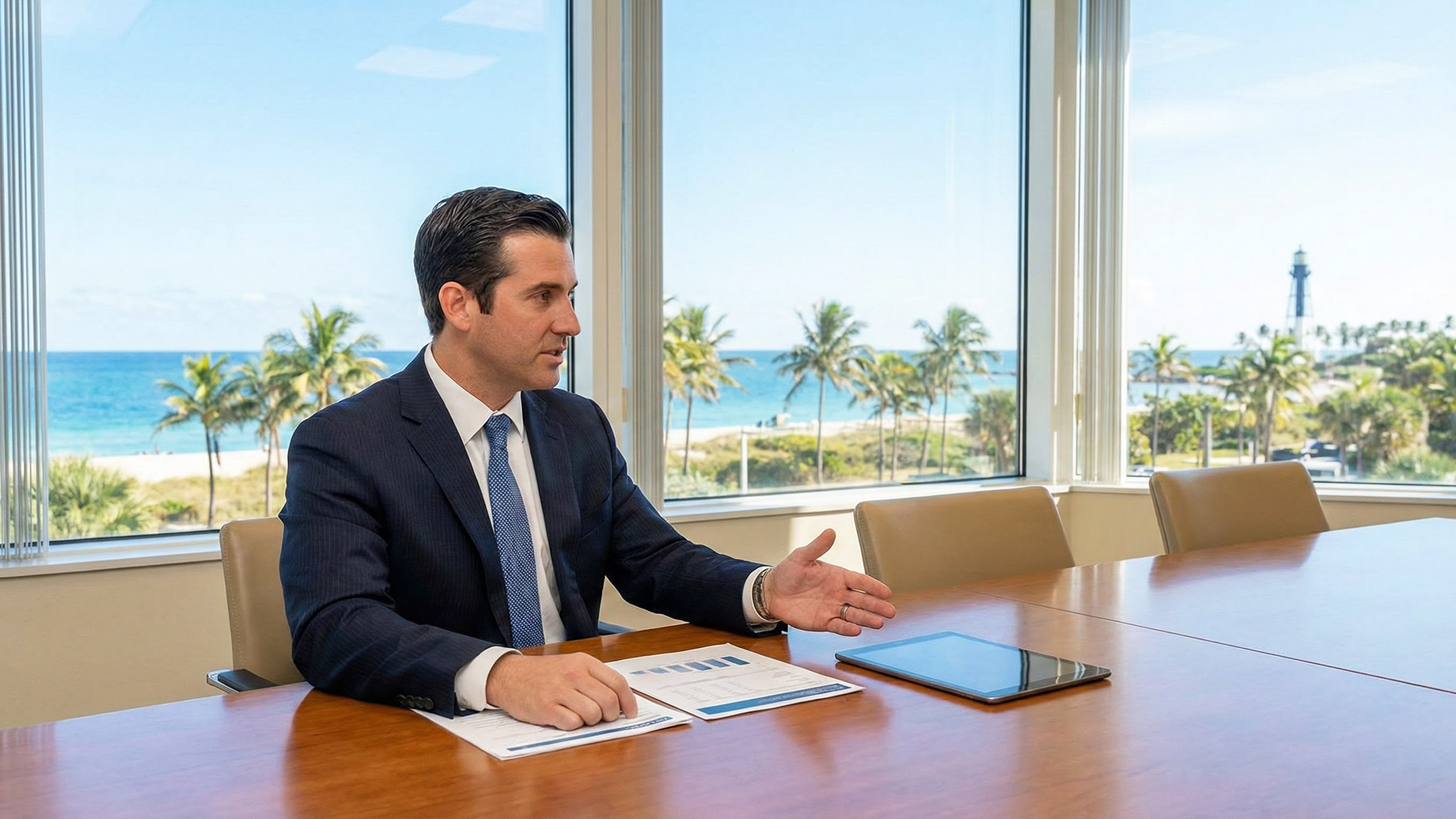 A professional Florida bankruptcy attorney sitting at a conference table with financial documents and a tablet, with a sunny view of palm trees and the Florida coast visible through the large office window.