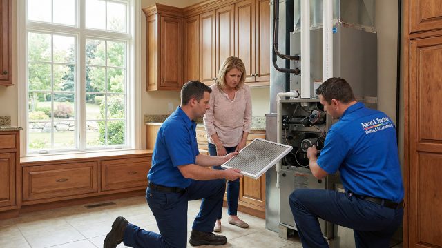 Two technicians in blue uniforms with the "Aaron & Trecker Heating & Air Conditioning" logo are servicing a furnace in a home utility room. One technician shows a dirty air filter to a female homeowner, while the other inspects the open furnace unit.