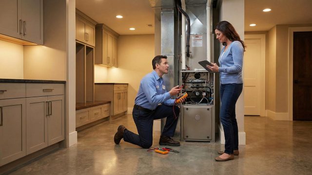 A male furnace technician in a blue shirt and work pants kneels and uses a multimeter to test an open furnace unit. He is speaking to a woman standing next to him, who is holding and looking at a tablet. They are in a finished basement utility room with light wood cabinets, a concrete floor, and recessed lighting.