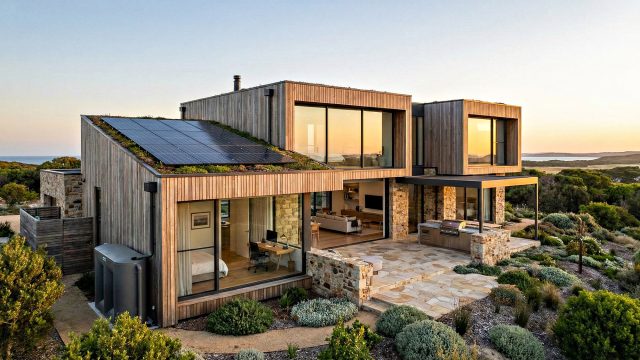 A contemporary eco-friendly luxury home showcasing 2026 construction trends, featuring rooftop solar panels, modular timber and stone architecture, and expansive floor-to-ceiling glass walls that seamlessly blend indoor and outdoor living spaces at sunset.