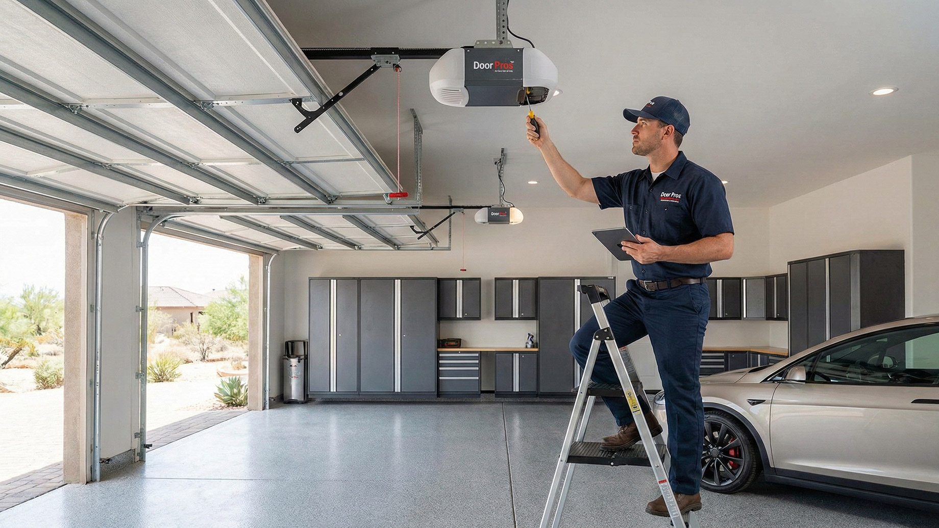 A male technician from "Door Pros" stands on a ladder in a modern, well-organized garage in Palm Desert, CA, holding a tablet and inspecting a ceiling-mounted garage door opener. The large garage door is partially open, revealing a sunny desert landscape.