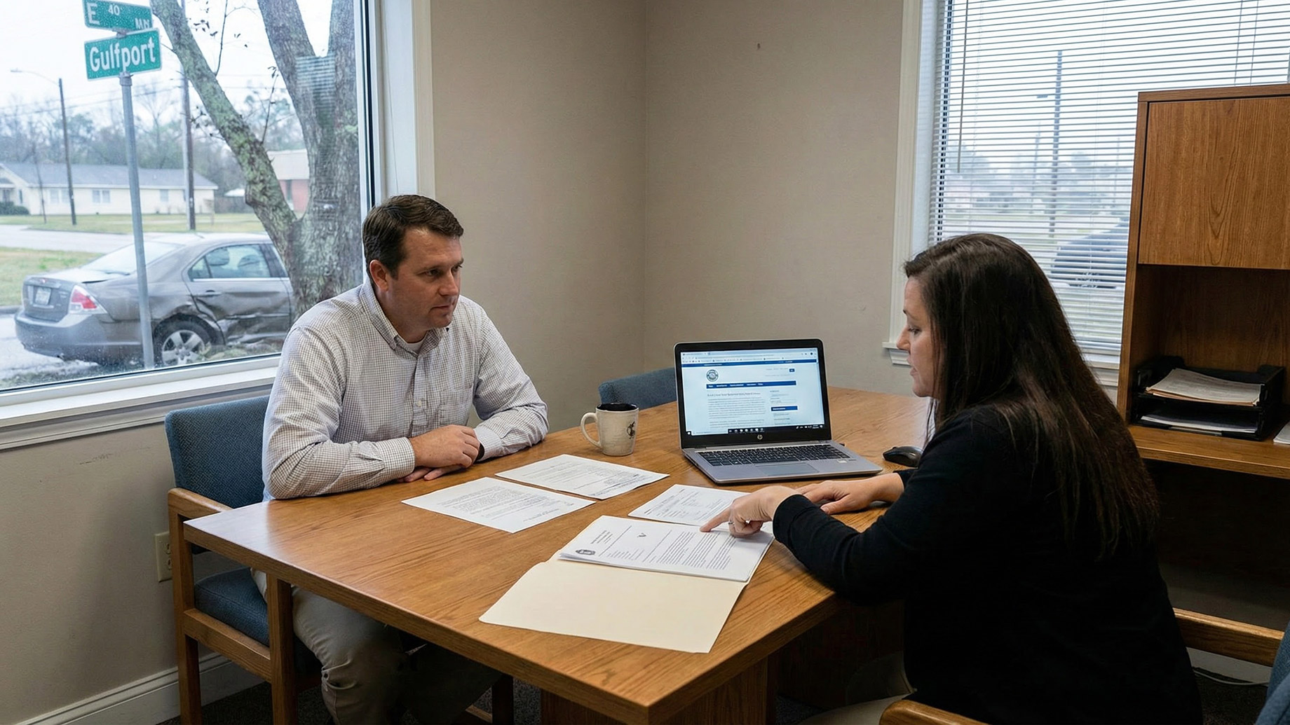 A client reviewing accident claim documents with a lawyer at a desk in an office, with a damaged car and a Gulfport street sign visible through the window.