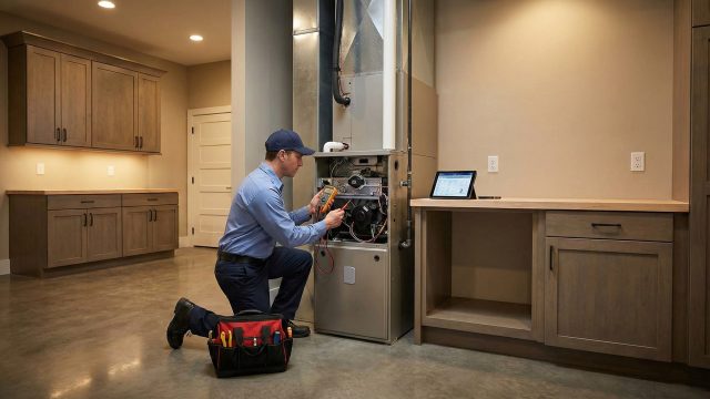 A uniformed HVAC technician kneeling in front of an open furnace unit in a modern utility room, using a multimeter to test internal components while a tablet rests on a nearby counter.