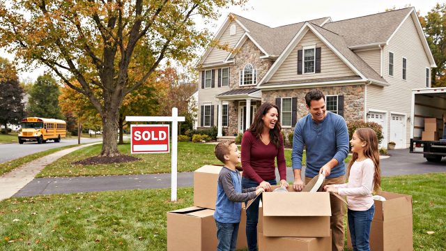 A smiling family of four—parents and two children—unpacks cardboard boxes on the front lawn of a large, two-story suburban house with a stone and siding facade. A red "SOLD" sign is planted in the grass near a large tree with autumn foliage. A moving truck is parked in the driveway, and a yellow school bus drives by in the background on a tree-lined street.