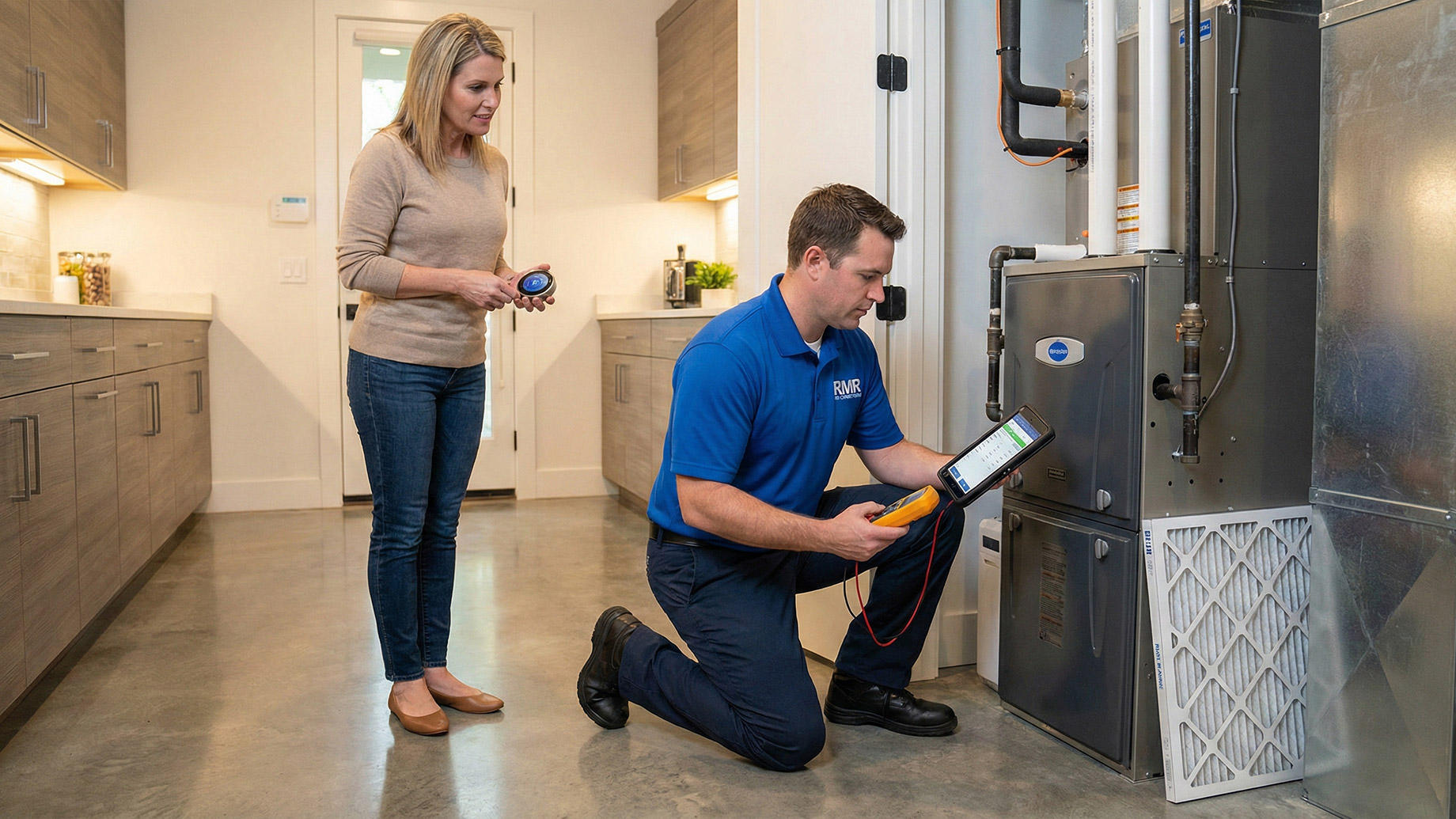 A male technician wearing a blue RMR Air Conditioning uniform kneels to inspect a furnace unit using a handheld device, while a female homeowner stands nearby holding a smart thermostat in a modern home utility area.