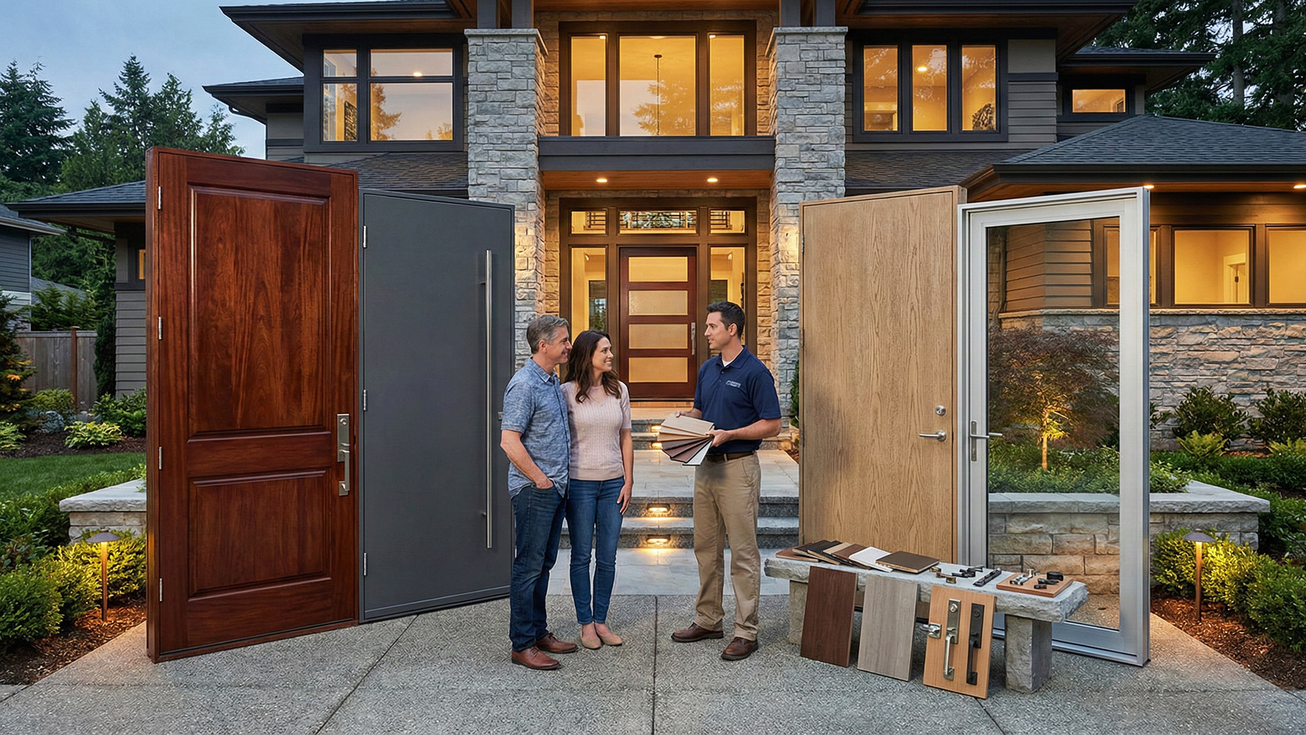 A couple stands on a paved driveway in front of a large, modern luxury house, discussing entry door options with a professional representative. Four different full-sized entry doors are displayed: a dark wood door, a dark grey metal door, a light wood-look fiberglass door, and a glass door with an aluminum frame. The representative holds color swatches, and various door hardware and material samples are arranged on a stone bench nearby. The house features stone and wood siding with large windows.
