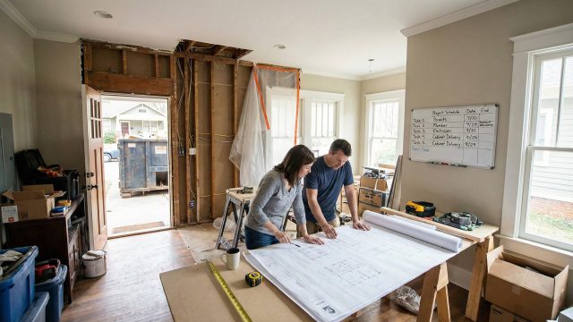 A man and a woman stand at a makeshift table in a house undergoing renovation, intently examining large architectural blueprints. Behind them, a wall is partially demolished with exposed studs and plastic sheeting, and a whiteboard lists a "Project Schedule" with dates for tasks like plumbing and electrical work. Tools, boxes, and a dumpster visible outside an open door indicate active construction.