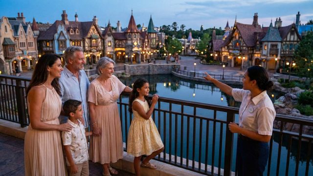 A well-dressed multi-generational family and a private guide stand on a balcony at dusk, looking out over a lit theme park village, illustrating a high-end travel experience.