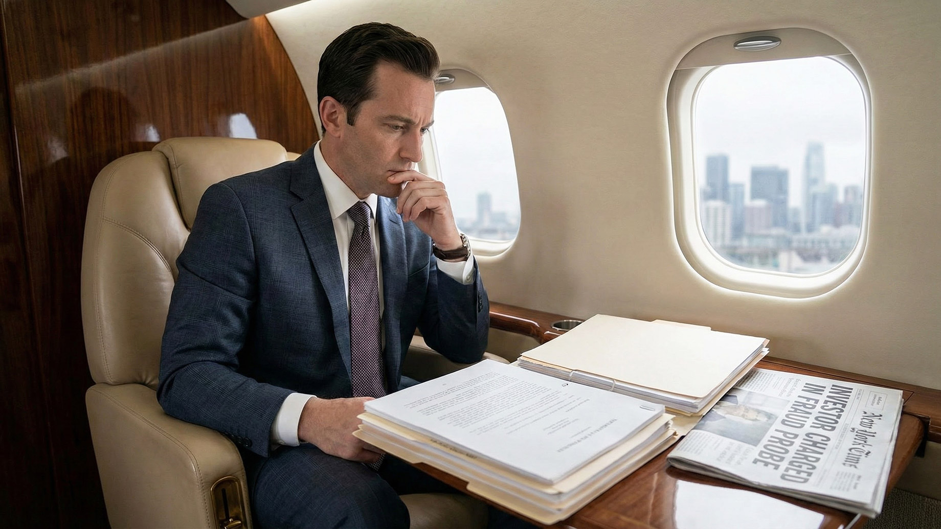 A high-net-worth individual in a tailored suit stands in a dimly lit, luxurious wood-paneled office looking out a window at the rain. The desk in the foreground displays stacks of legal documents, a scale of justice, a model luxury car, and a blurred newspaper headline about a financial scandal, illustrating the conflict between preserving wealth and facing criminal allegations.