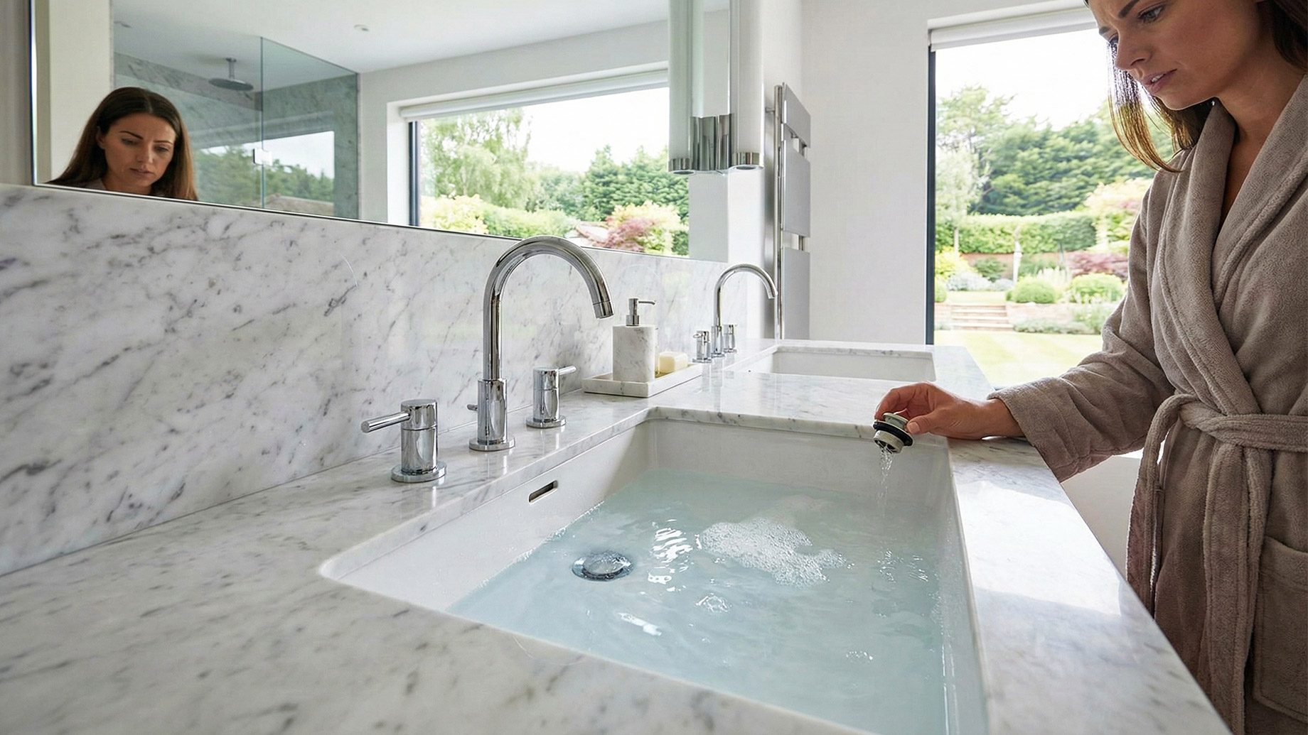 A woman in a beige robe stands at a white marble double vanity in a bright, luxury bathroom, looking down with concern at a white rectangular sink filled with soapy water that is draining slowly.