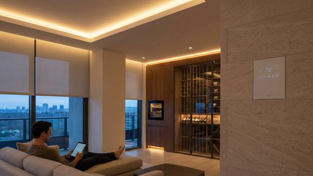 A modern luxury living room featuring invisible technology, including warm ambient cove lighting, automated motorized window shades, and a sleek, flush-mounted climate control panel. A man relaxes on a sofa reading a tablet next to a built-in, temperature-controlled wine display and humidor, emphasizing an uncluttered and intuitive home environment.