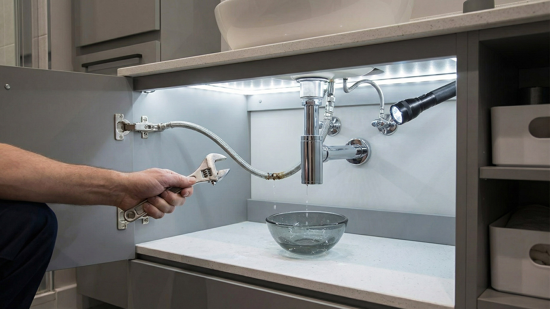 A close-up of a corroded and leaking braided flexi hose under a modern sink vanity being inspected with a flashlight to check for signs of rust and water damage.