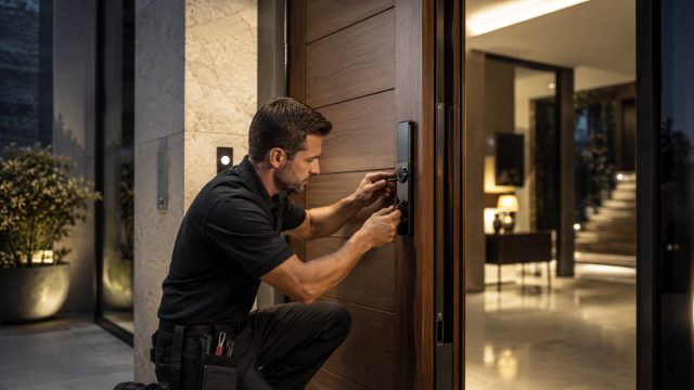Professional locksmith installing a discreet smart lock on the wooden entrance door of a contemporary luxury residence.