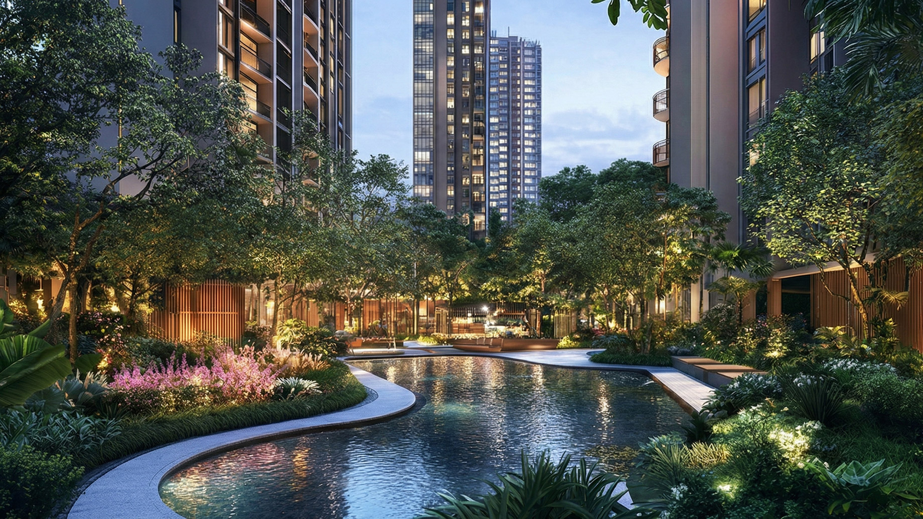 A serene evening view of a modern condominium complex featuring a winding swimming pool surrounded by lush tropical landscaping and tall residential towers, illustrating the lifestyle amenities offered at prime new launches like Tengah Garden and Chencharu Close Residences.