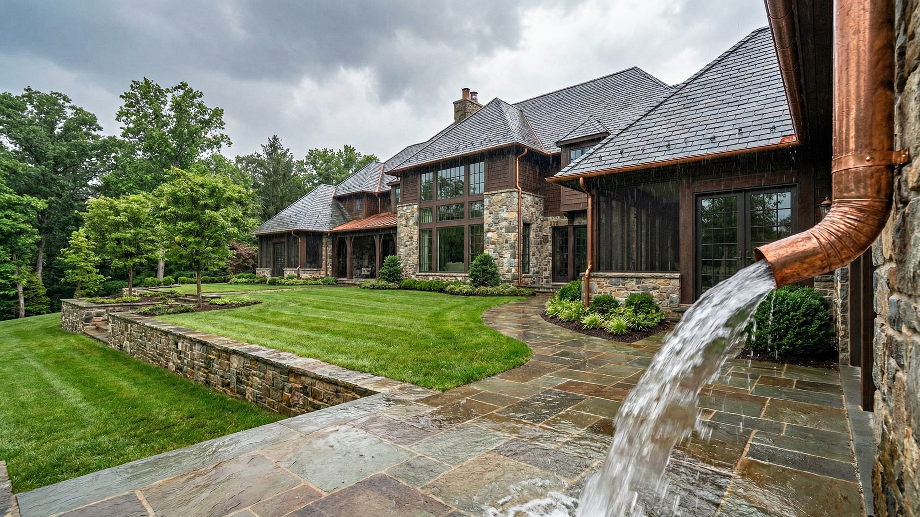 The exterior of a modern luxury home featuring high-quality durable siding and a well-planned drainage system designed to withstand heavy rains and storms, illustrating the importance of avoiding common weatherproofing mistakes.
