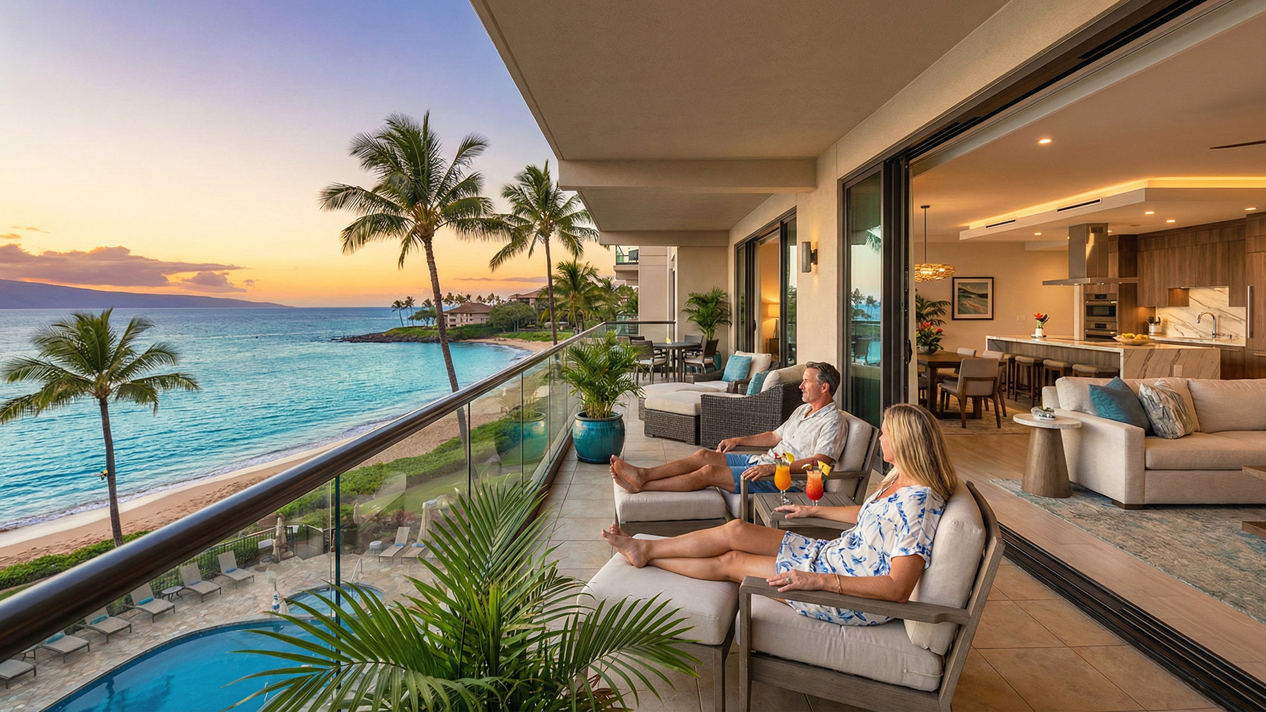 A couple relaxing on the spacious private lanai of a modern Maui condo, looking out at palm trees and turquoise ocean waters during a colorful sunset, with a contemporary open-concept living area visible through large sliding glass doors.