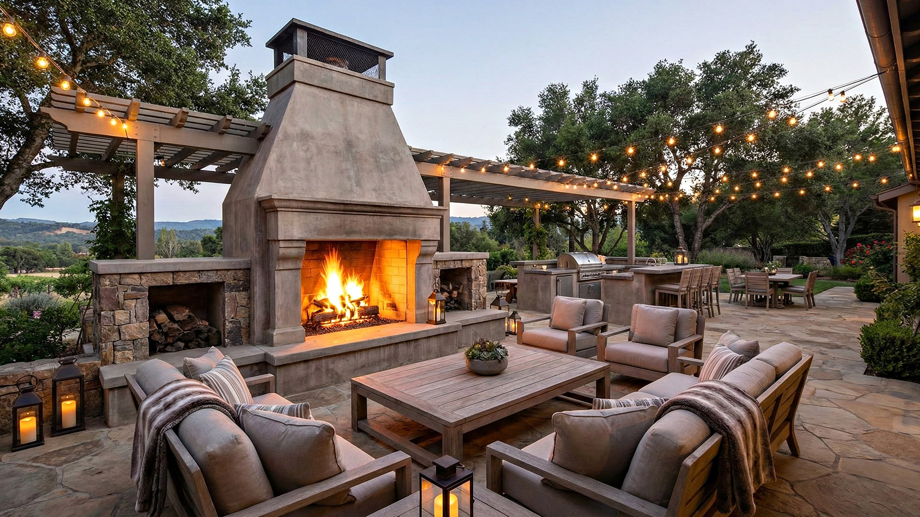 A luxurious outdoor patio at twilight, featuring a large concrete and stone fireplace with a blazing fire. A U-shaped seating area with couches and blankets, string lights hanging from a pergola, and an outdoor kitchen with bar seating are also visible on the stone-paved area.