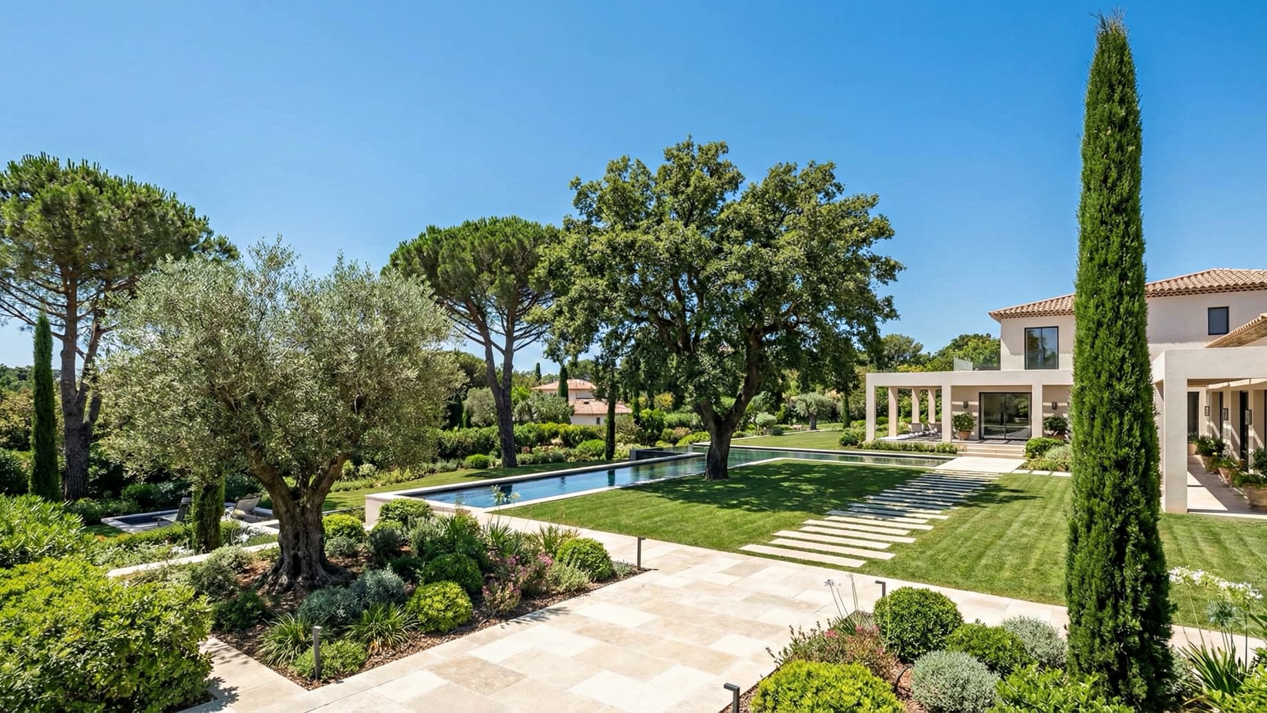 A sprawling luxury estate garden featuring a manicured lawn and a variety of mature trees properly spaced to accommodate sunlight and climate conditions.