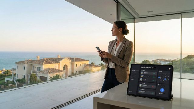 A professional real estate agent standing in a contemporary luxury residence with floor-to-ceiling windows overlooking the ocean, holding a smartphone to dictate voice notes, while a tablet on a nearby surface displays an organized AI task management dashboard with property listings.