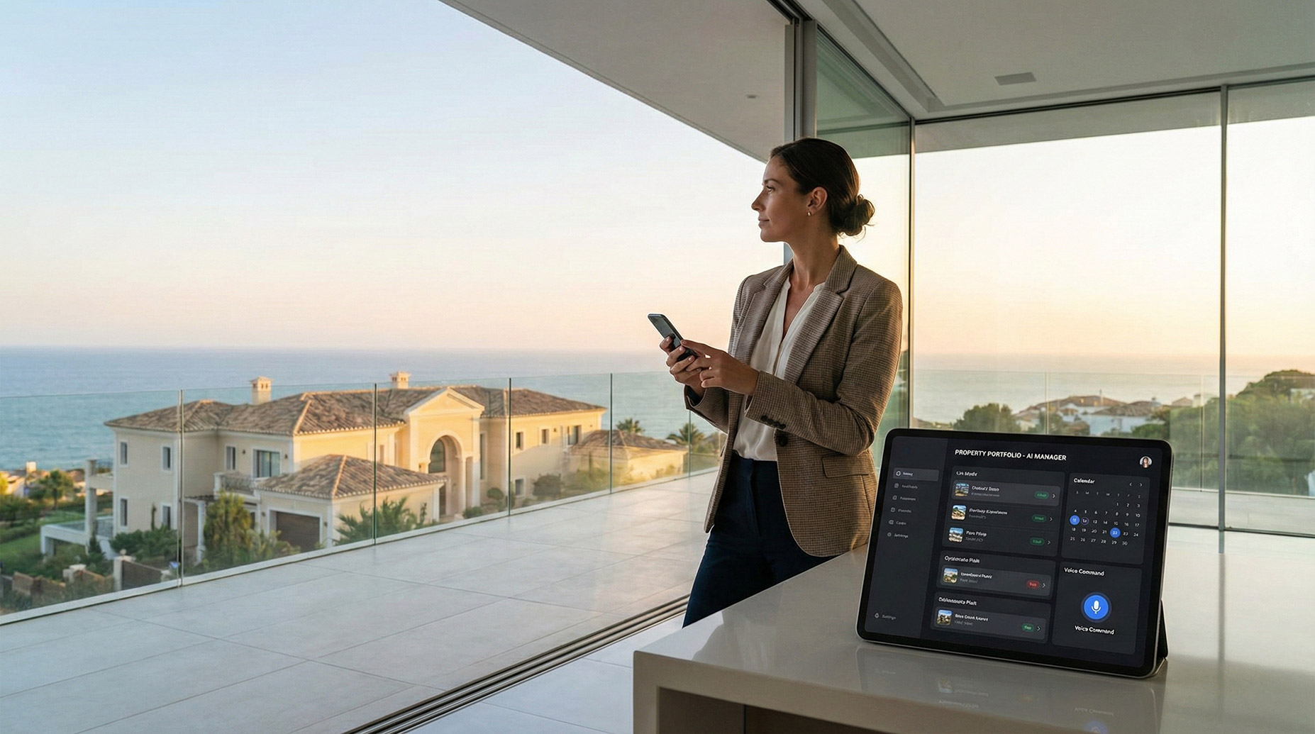 A professional real estate agent standing in a contemporary luxury residence with floor-to-ceiling windows overlooking the ocean, holding a smartphone to dictate voice notes, while a tablet on a nearby surface displays an organized AI task management dashboard with property listings.