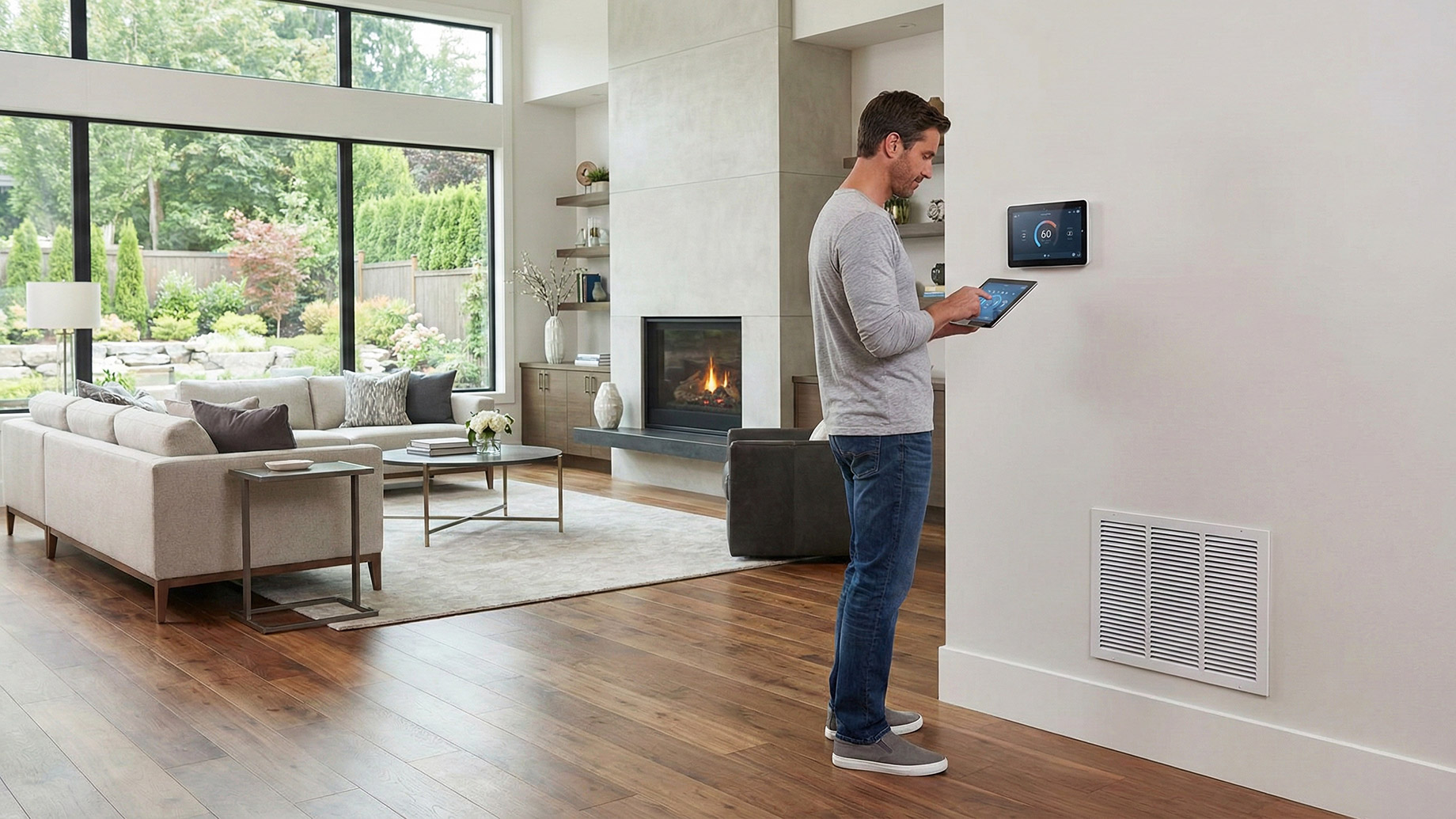 A man stands in a luxurious, contemporary living room with hardwood floors and a large fireplace, holding a tablet and interacting with a wall-mounted smart thermostat touch screen. Large windows in the background show a landscaped garden.