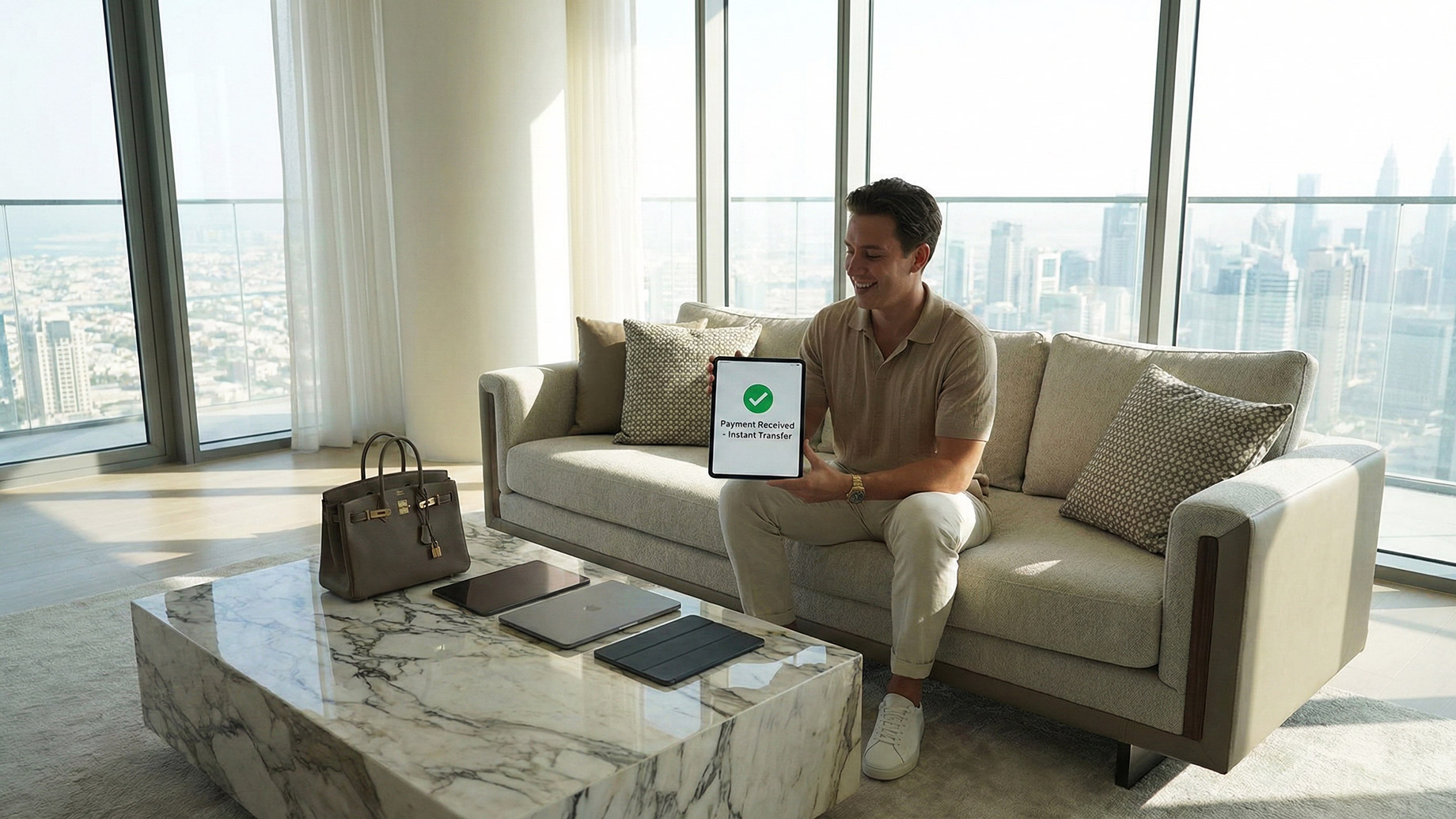 A man in a modern luxury apartment holds a tablet showing a 'Payment Received - Instant Transfer' confirmation screen with a green checkmark. He is smiling, sitting on a sofa next to a designer handbag and laptops on a marble coffee table, with a city view in the background.