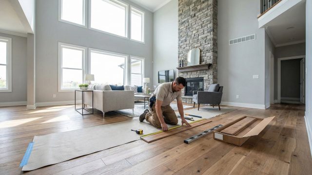 A man is kneeling on the floor, measuring a wood plank with a tape measure in a spacious, modern living room with a stone fireplace. A box of flooring, a level, and other tools are next to him on a protective mat.
