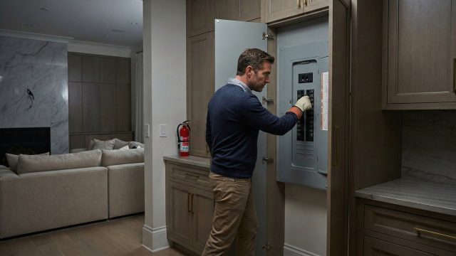 A man dressed in a blue sweater and khaki pants, wearing a protective glove on his right hand, stands in a hallway. He is reaching into an open, built-in gray electrical circuit breaker panel within a wooden cabinet to operate a switch. A red fire extinguisher is visible on a countertop behind him, and a living room with a beige sofa and marble fireplace is in the background.