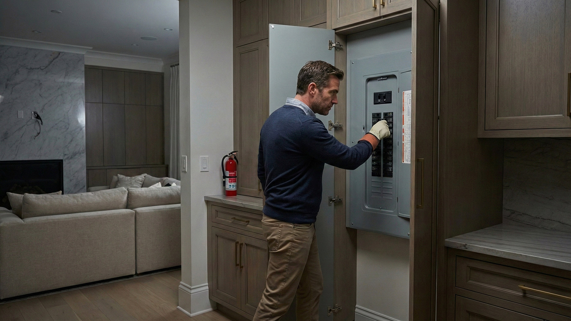 A man dressed in a blue sweater and khaki pants, wearing a protective glove on his right hand, stands in a hallway. He is reaching into an open, built-in gray electrical circuit breaker panel within a wooden cabinet to operate a switch. A red fire extinguisher is visible on a countertop behind him, and a living room with a beige sofa and marble fireplace is in the background.