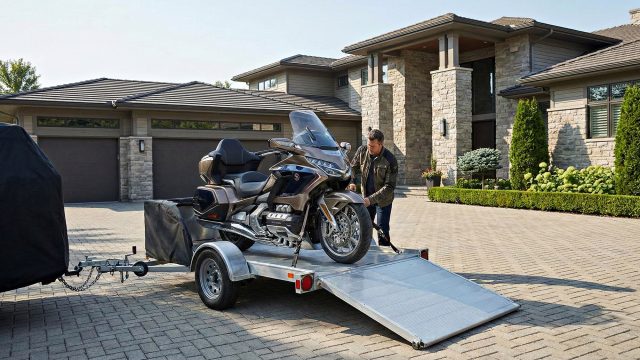 A man wearing a brown leather jacket and jeans is carefully securing a large, brown and gold touring motorcycle onto a small, open-top utility trailer with a ramp. The trailer is parked on a paved driveway in front of a sprawling, multi-story luxury house built with light-colored stone and wood siding, featuring a large three-car garage and manicured landscaping under a sunny sky.