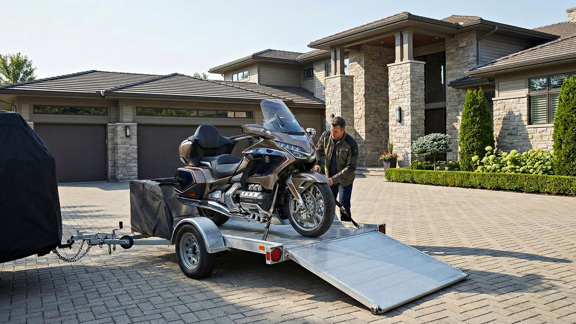 A man wearing a brown leather jacket and jeans is carefully securing a large, brown and gold touring motorcycle onto a small, open-top utility trailer with a ramp. The trailer is parked on a paved driveway in front of a sprawling, multi-story luxury house built with light-colored stone and wood siding, featuring a large three-car garage and manicured landscaping under a sunny sky.