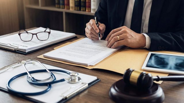 A professional medical setting featuring a doctor or legal expert carefully reviewing patient charts, medical reports, and diagnostic imaging. The scene conveys a sense of serious investigation and scrutiny, reflecting the complexities of determining medical standards of care and legal accountability in misdiagnosis cases.