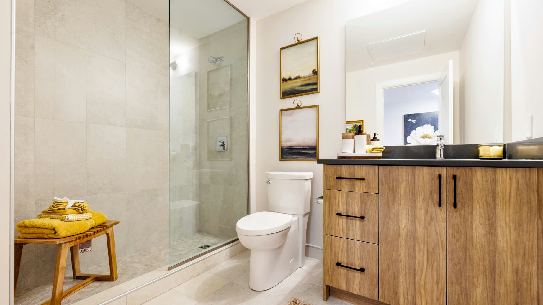 Modern Bathroom with Wooden Vanity and Glass Shower