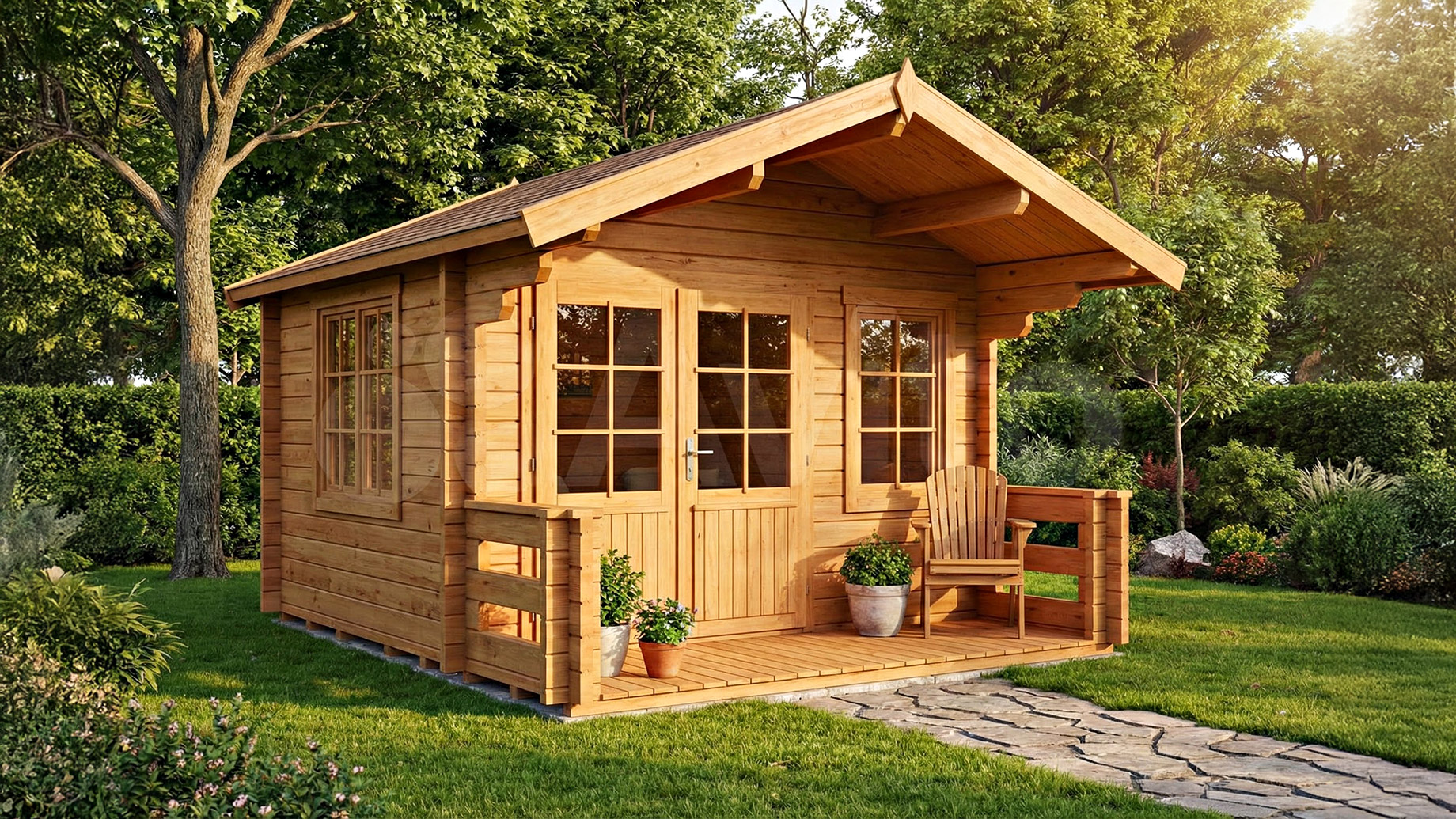 Exterior view of a wooden cabin-style shed featuring a front porch, residential windows, and double doors, situated in a sunny and lush backyard garden.
