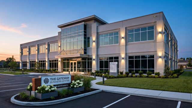 A modern two-story commercial office building at dusk featuring a clean facade, professional monument signage, modern exterior lighting, and well-maintained landscaping with custom planters, illustrating effective curb appeal strategies.
