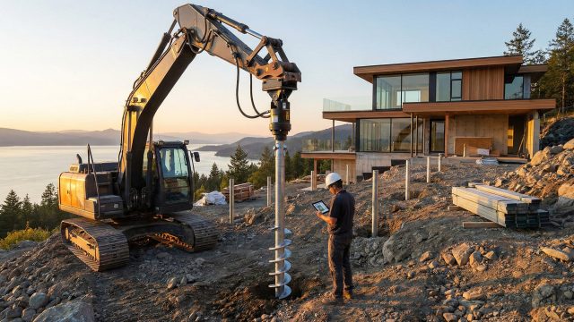 An excavator-mounted helical pile driver installing steel foundation shafts at a luxury home construction site overlooking a scenic waterfront, while a technician monitors torque and depth data on a tablet.