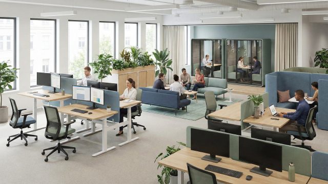 A wide view of a modern open-plan office featuring diverse zones, including standing desks, collaborative lounge areas, and quiet pods, all illuminated by natural light and decorated with indoor plants to promote employee well-being.